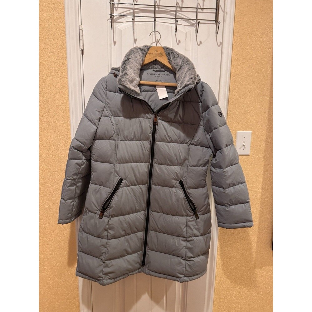 Andrew Marc Stretch Puffer Jacket XL Black Removable Fur Hood Grey - Picture 2 of 14
